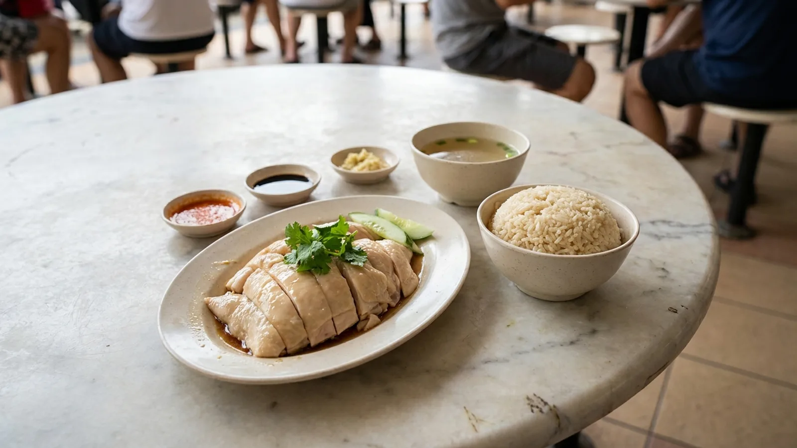 A plate of Hainanese chicken rice with chilli and dark soy sauce at a Singapore hawker centre