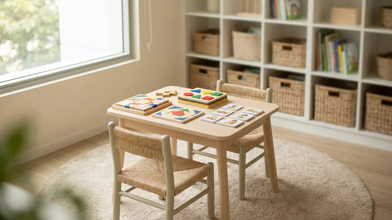 A bright child assessment room with wooden pattern blocks, shape puzzles and picture cards laid out on a low table