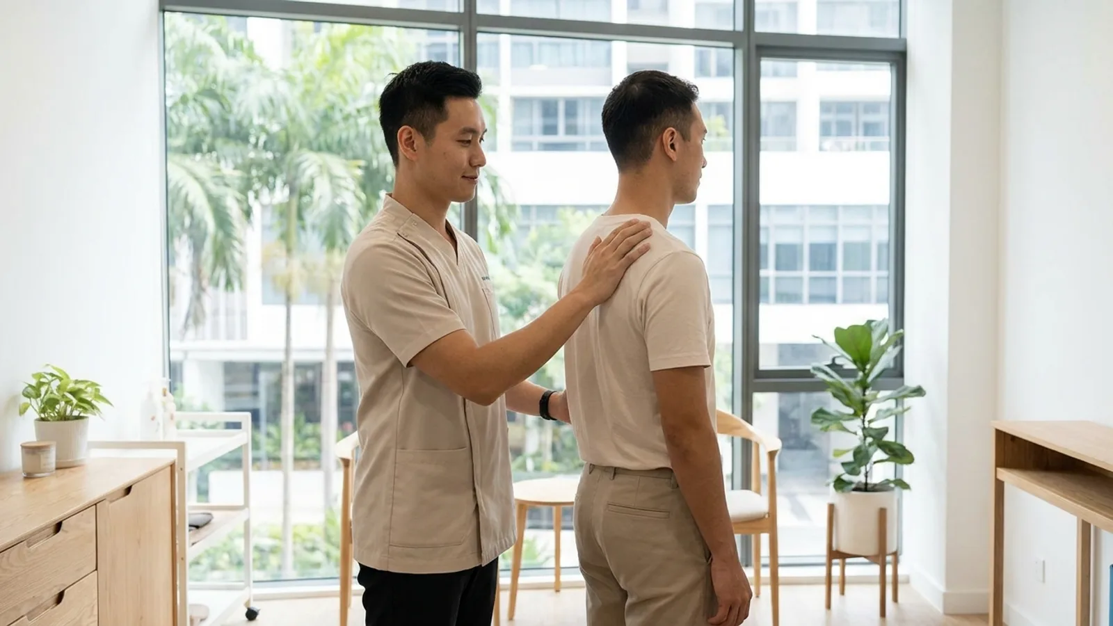A chiropractor assessing a patient's back and posture in a clean, modern clinic in Singapore, professional and reassuring setting