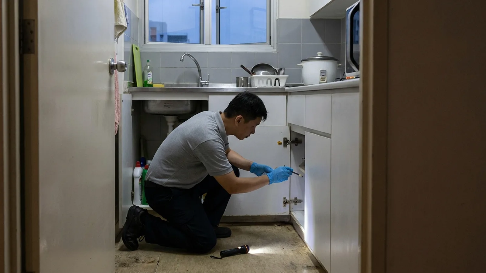 A pest control technician placing gel bait in a cabinet hinge under the sink of an HDB flat kitchen in Singapore