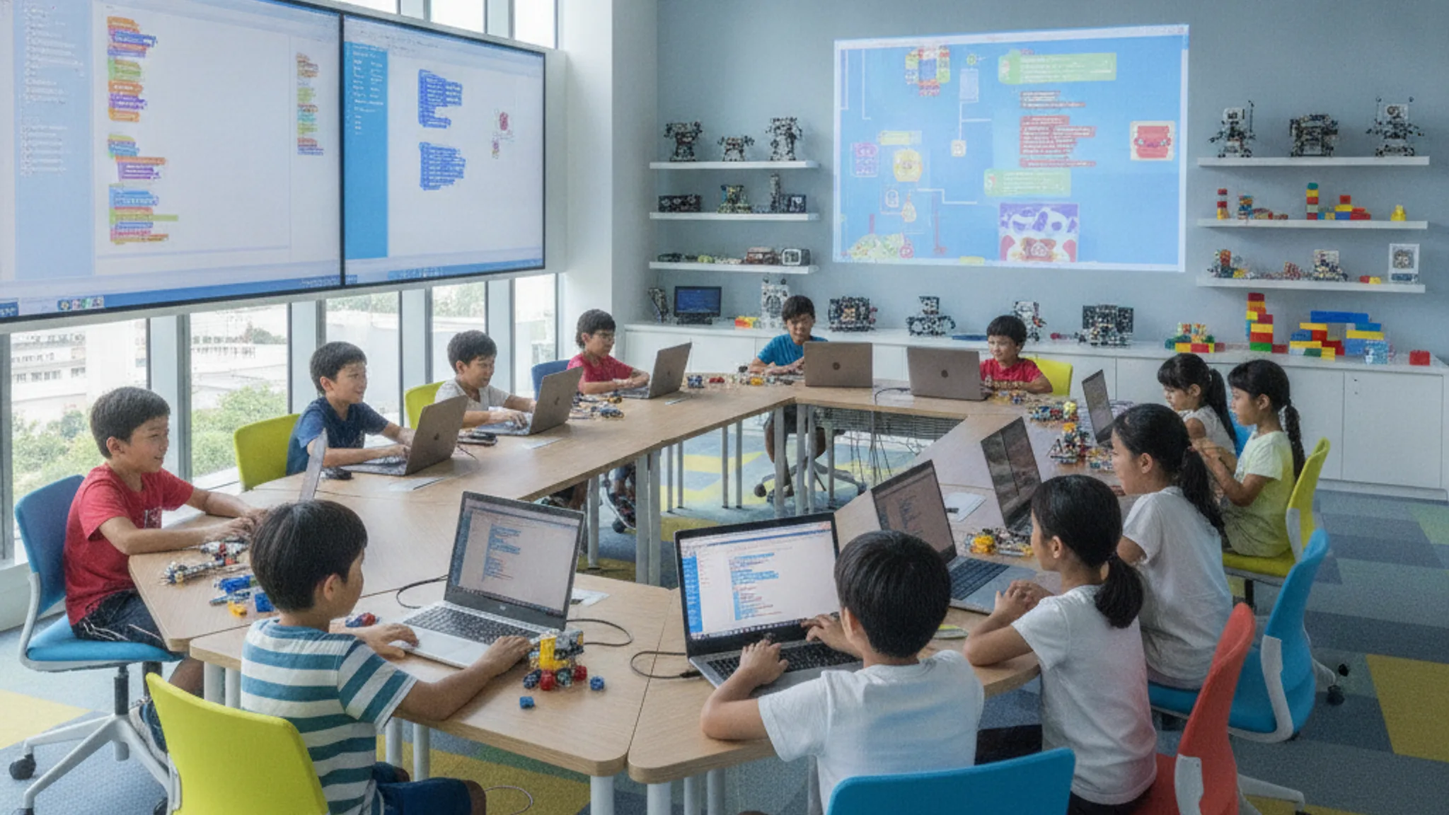 Bright kids coding classes Singapore lab with primary school children at laptops building games and robotics in a friendly STEM space