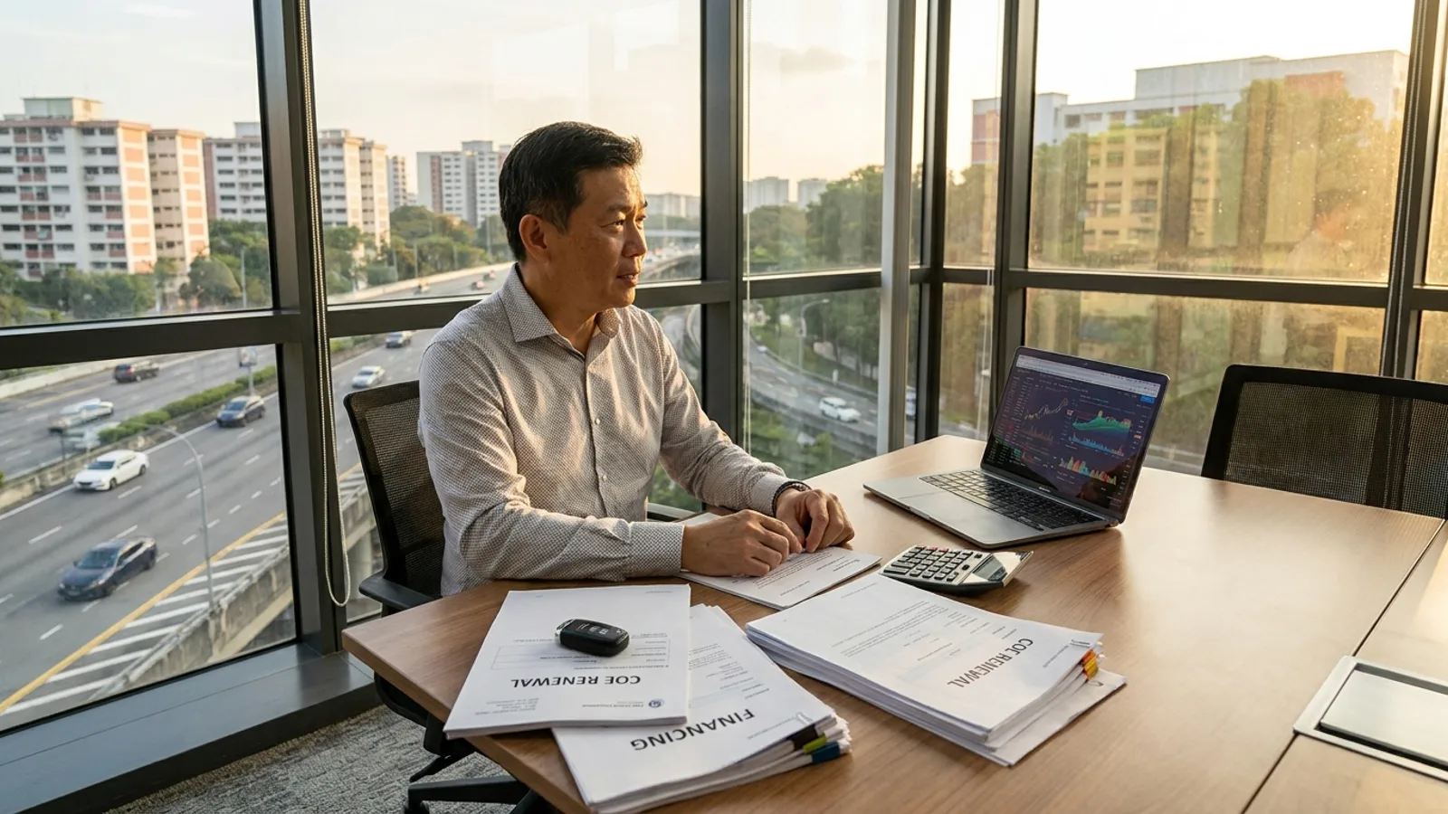 A Singapore car owner reviewing COE renewal and PQP financing paperwork at a desk with a car key, calculator and laptop in a bright modern office