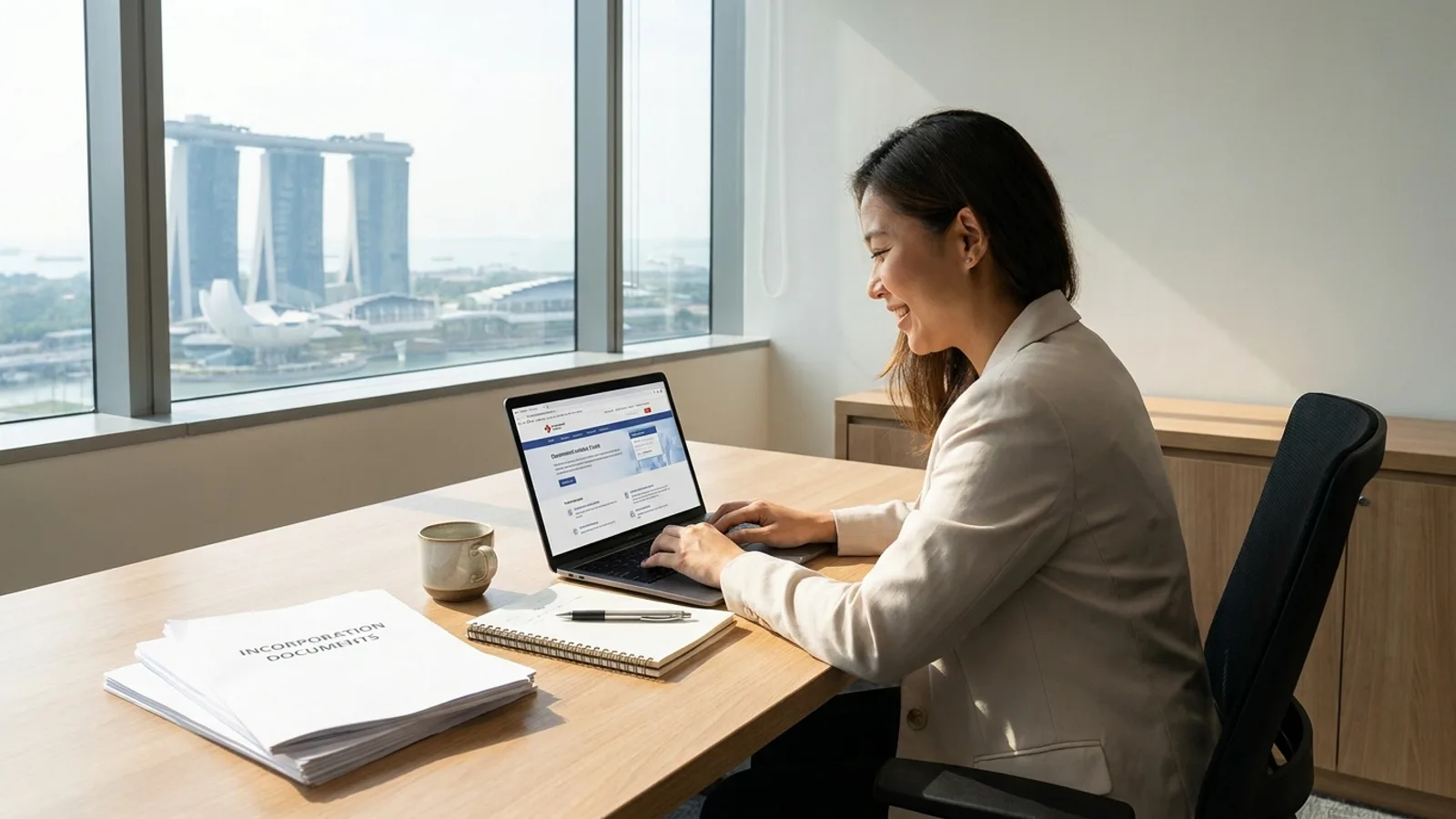 A founder registering a new company in Singapore on a laptop with incorporation paperwork on the desk