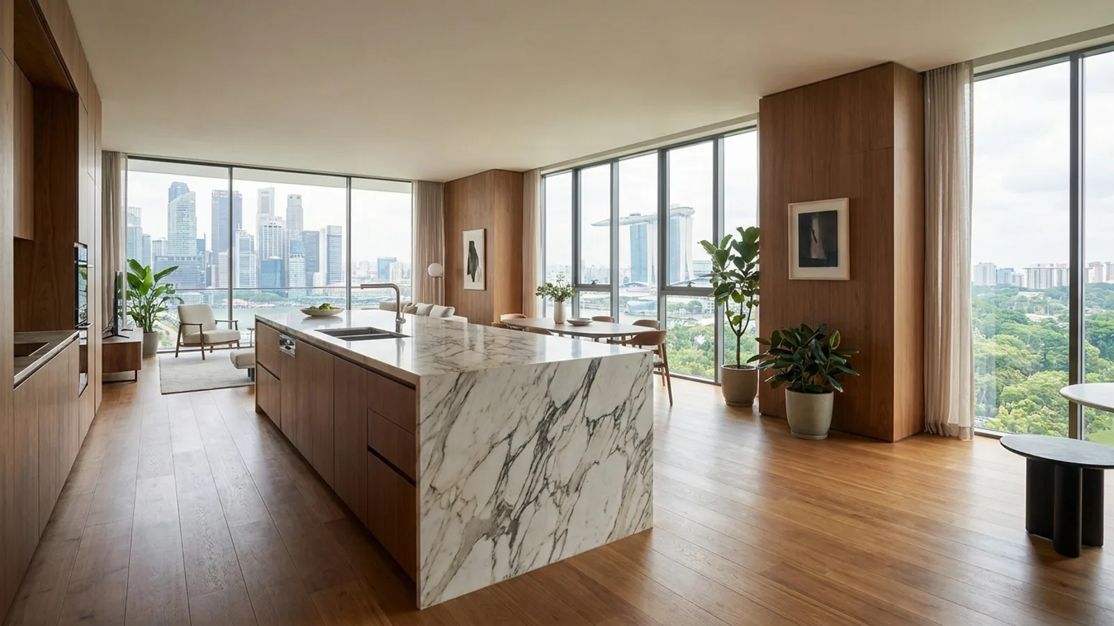 Beautiful modern Singapore condo interior with warm wood tones, marble kitchen island, and floor-to-ceiling windows overlooking the city skyline