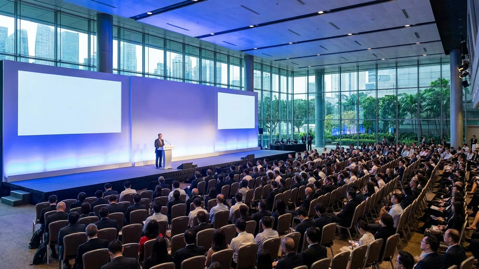A large business conference in a Singapore convention centre with a speaker on stage, big screens and rows of delegates