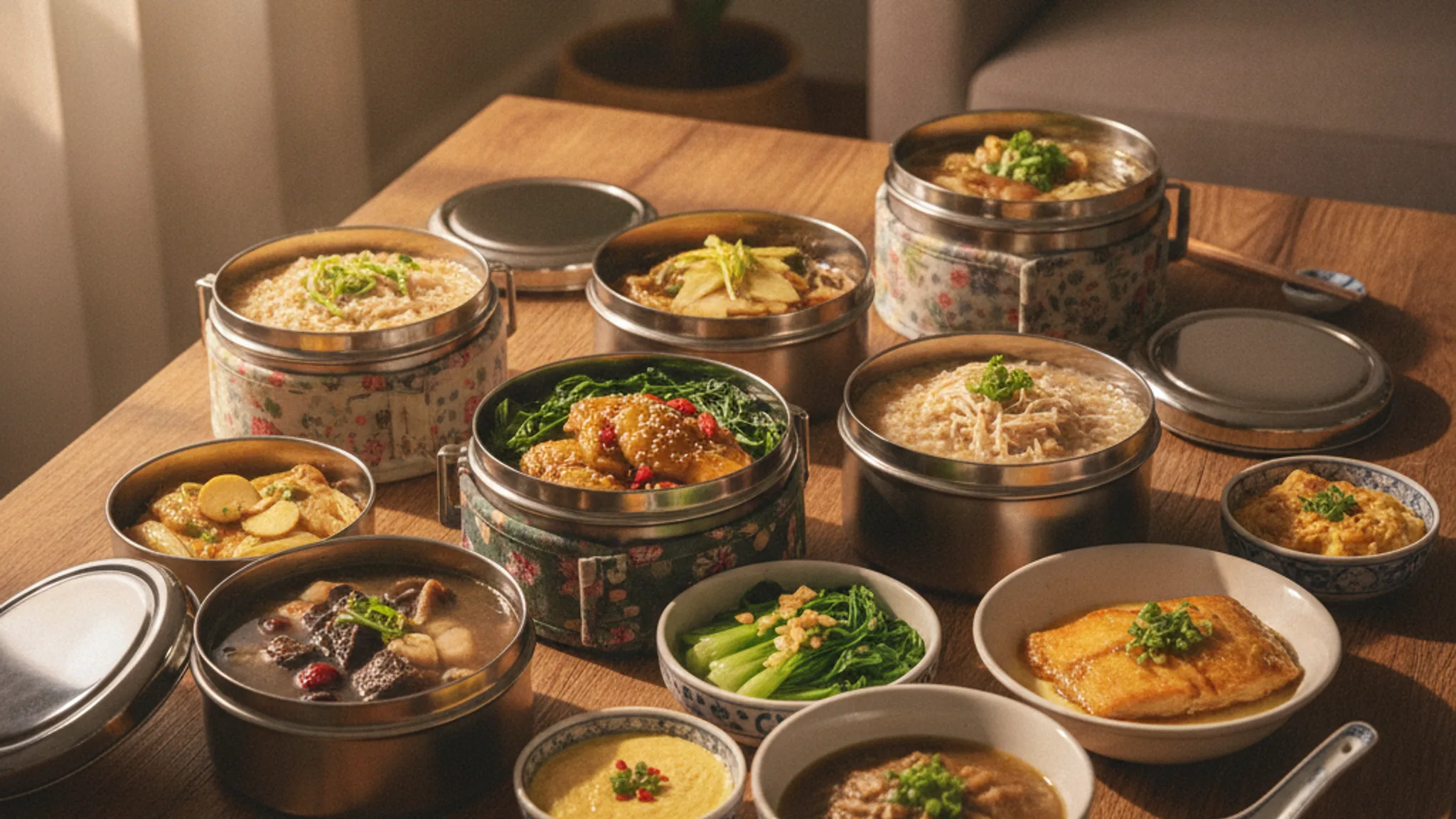 A warm spread of nourishing Asian confinement food delivery meals in tiffin containers on a home table in Singapore