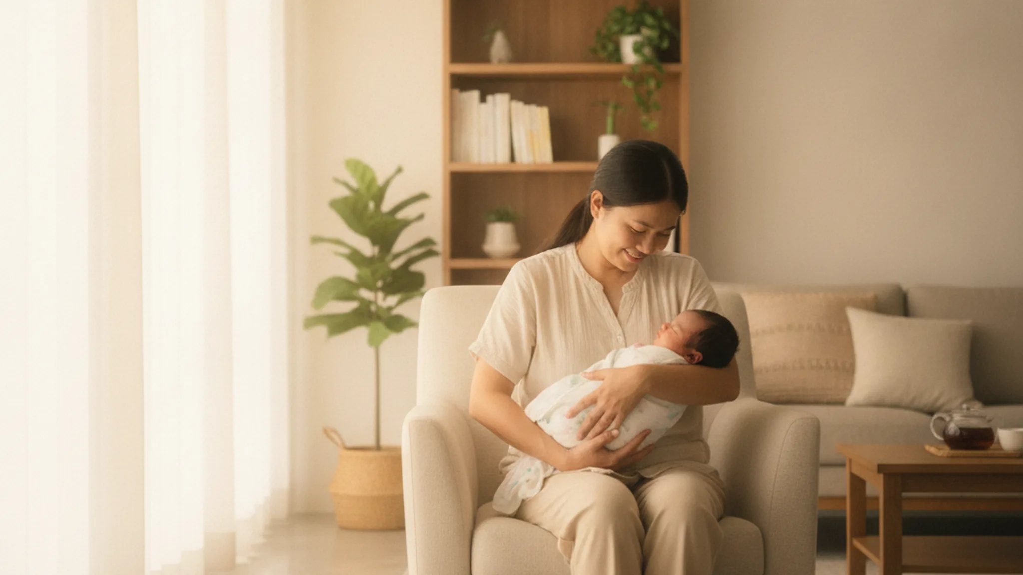 A confinement nanny gently caring for a newborn baby in a warm Singapore home, illustrating the best confinement nanny Singapore options for 2026