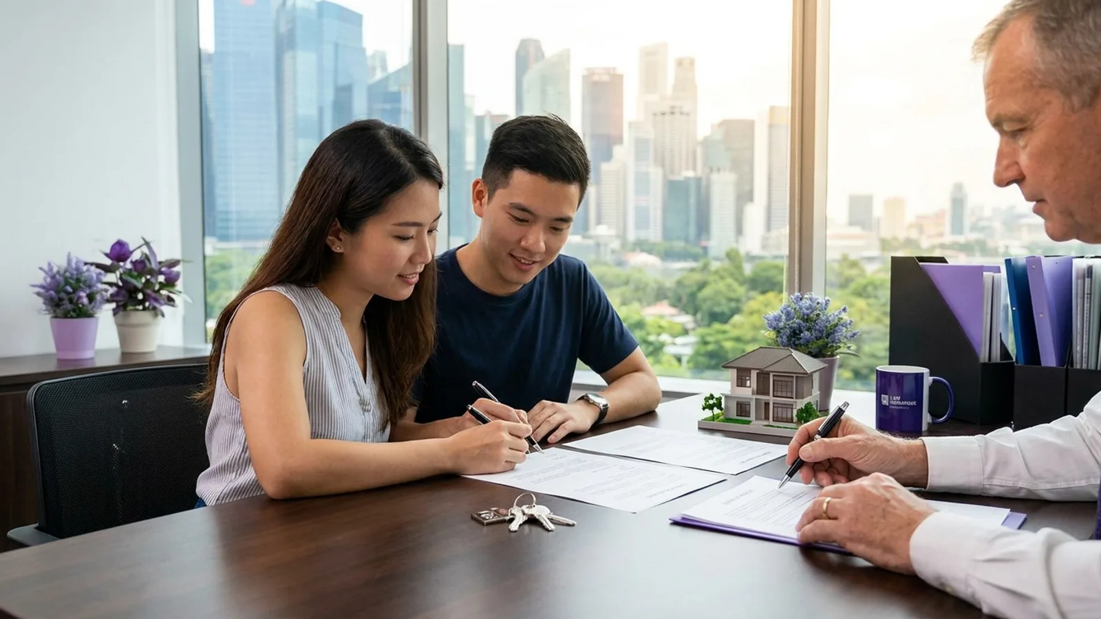 Singapore conveyancing lawyer reviewing an HDB and private property sale and purchase agreement at a desk