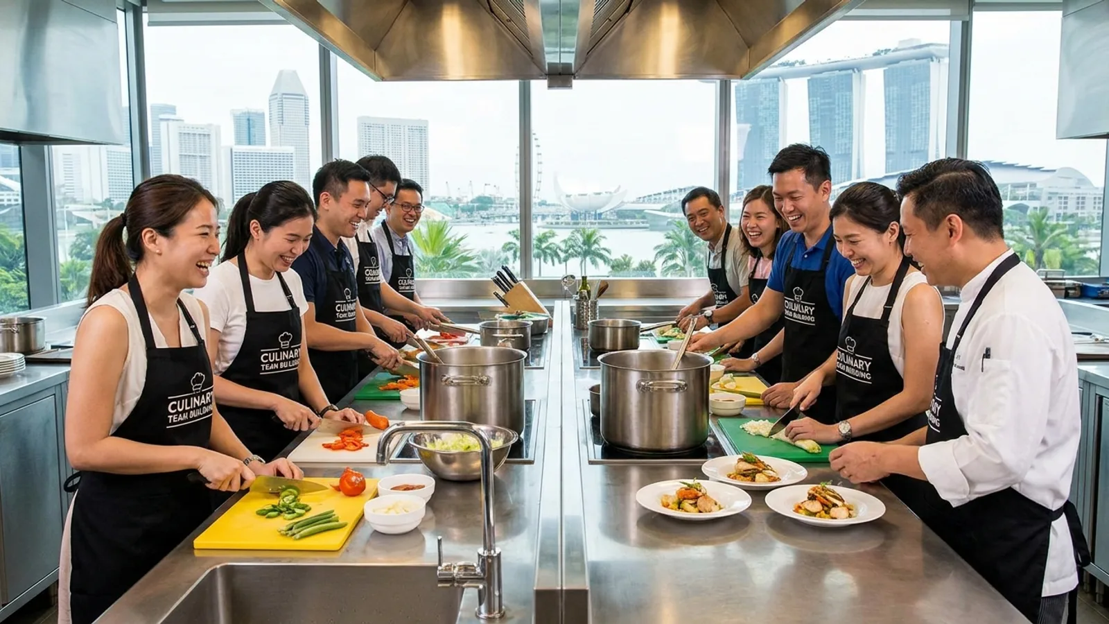 A corporate team cooking together in a professional kitchen studio in Singapore, wearing chef aprons in a bright, energetic setting