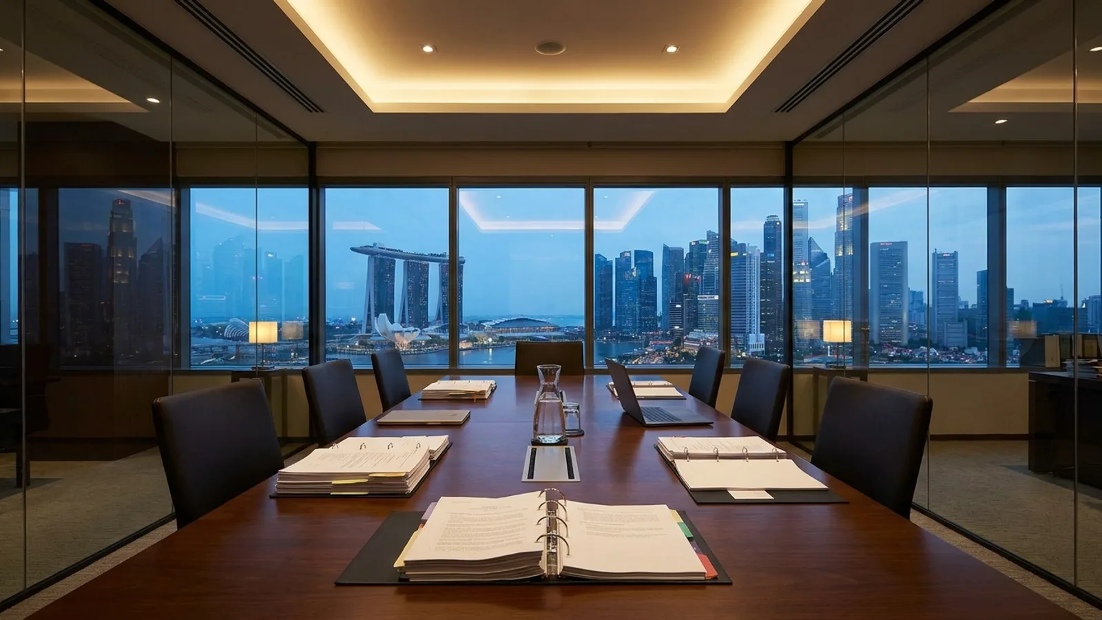 Two business founders signing a shareholders agreement with a corporate lawyer in a Singapore office