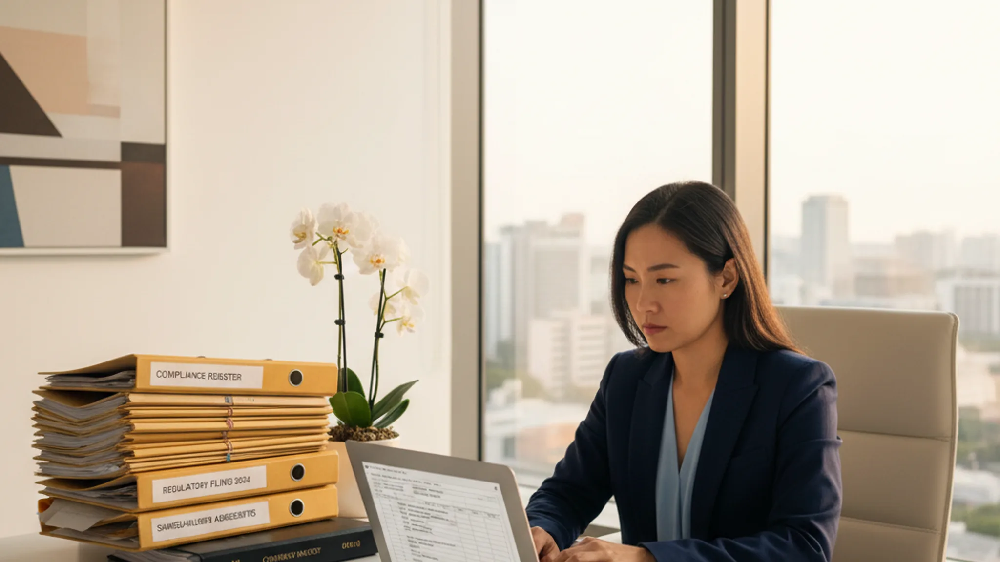 Professional reviewing corporate secretarial compliance documents in a modern Singapore office