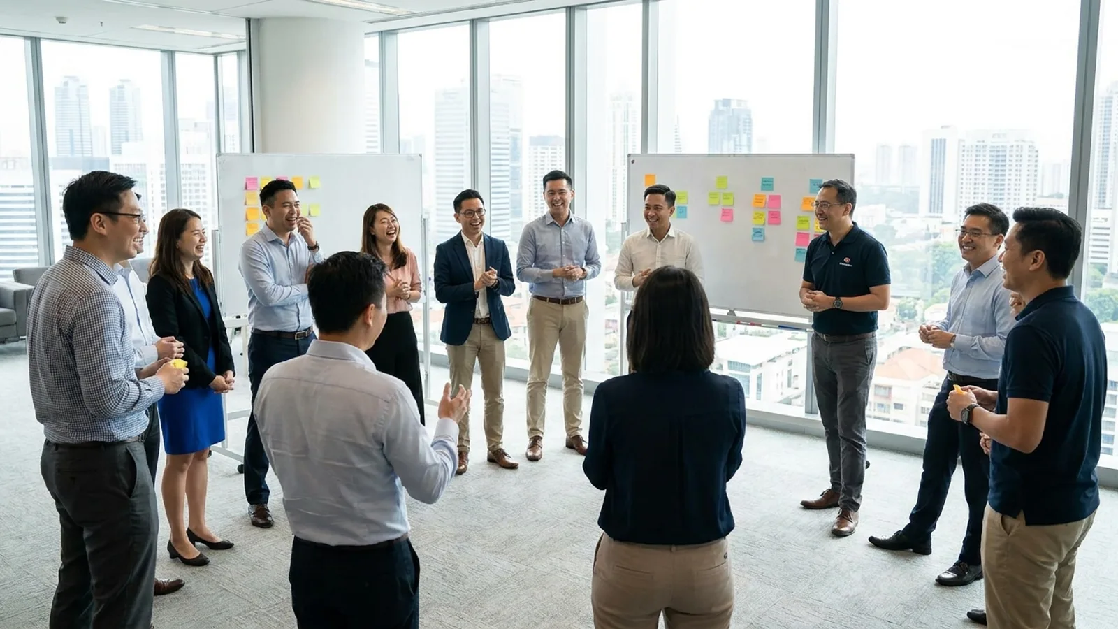 A corporate team in smart-casual attire collaborating during a facilitated team building workshop in a modern Singapore event venue