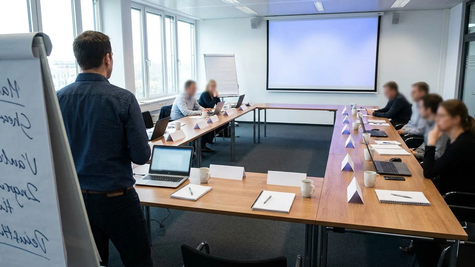 A corporate training room with a horseshoe of tables, notebooks and laptops and a projector screen