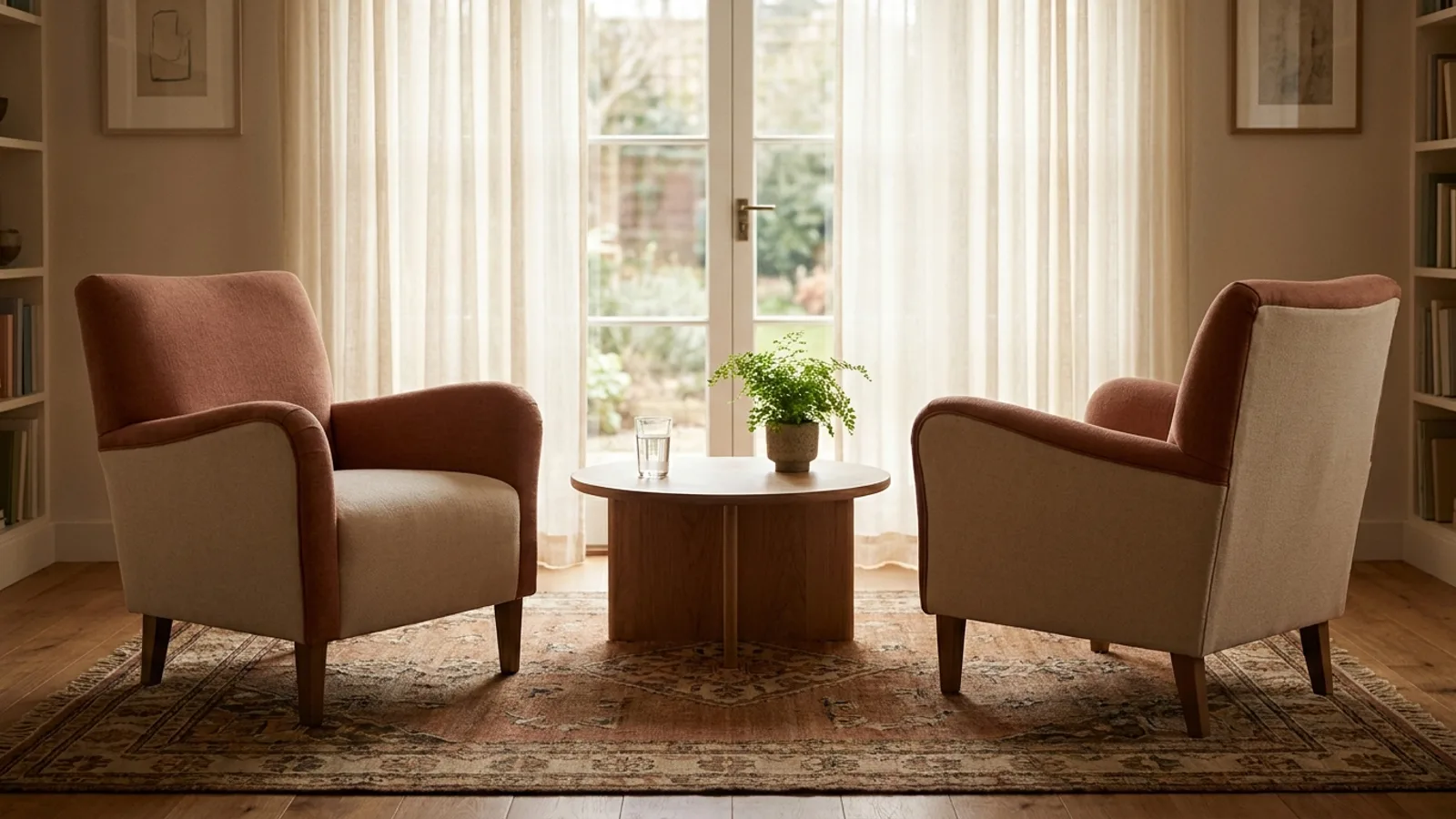 Two empty upholstered chairs facing each other in a warm counselling room with a low table and soft daylight