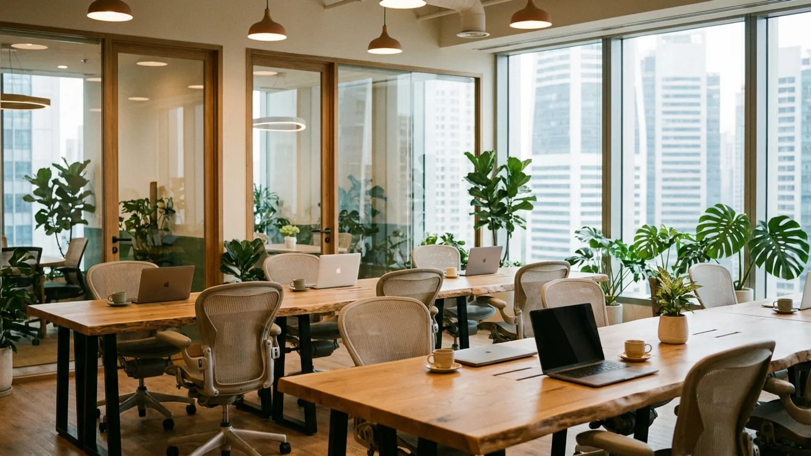 A modern coworking space with long shared desks, glass meeting rooms and floor-to-ceiling windows onto the Singapore CBD