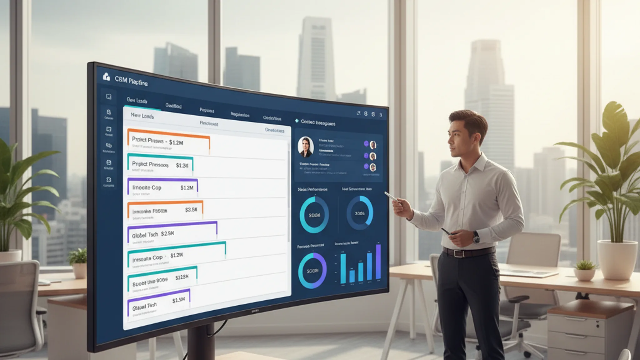 CRM software dashboard showing sales pipeline and customer data for a Singapore small business