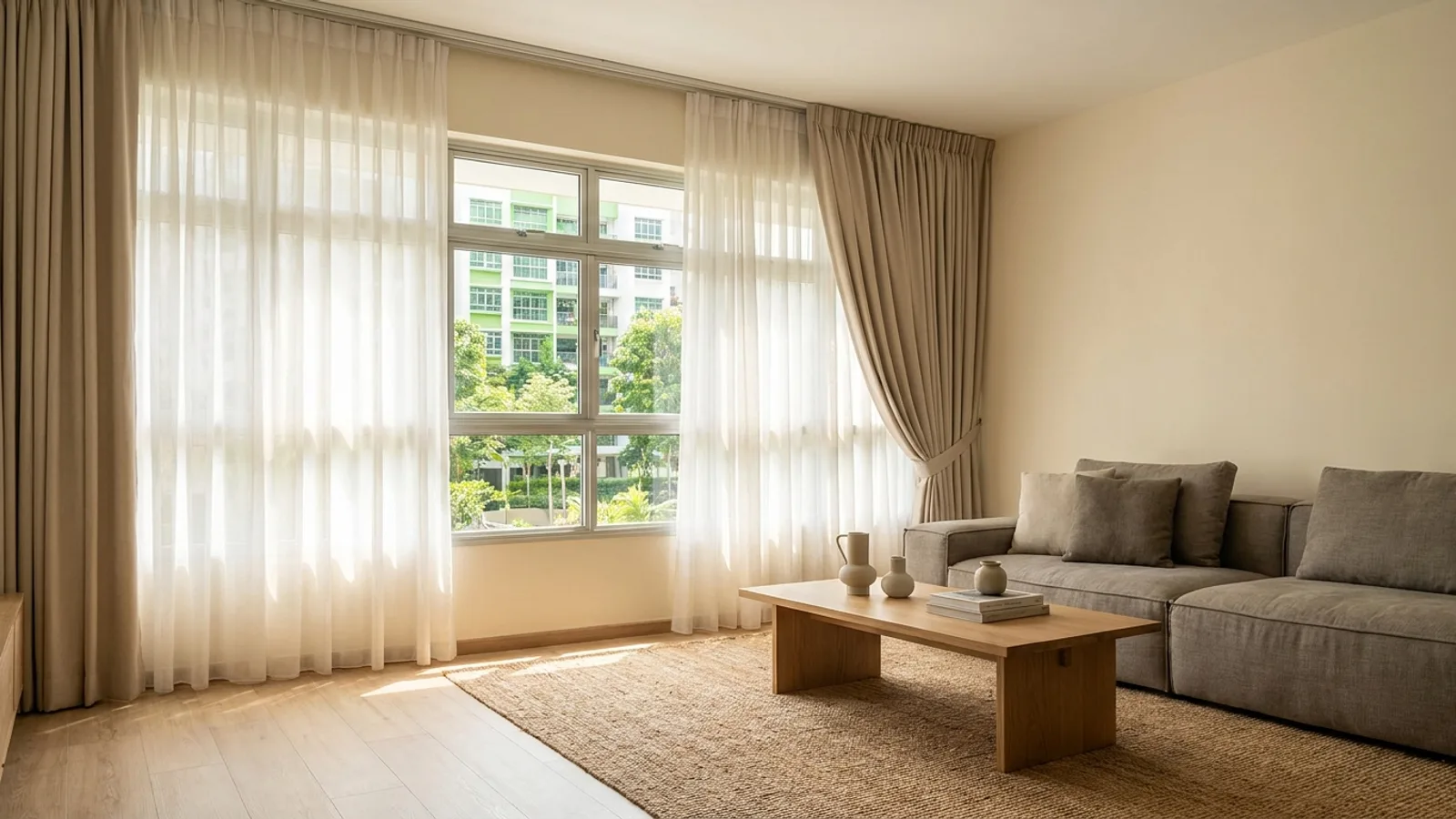 Floor-to-ceiling day and night curtains framing a bright HDB living room window in Singapore