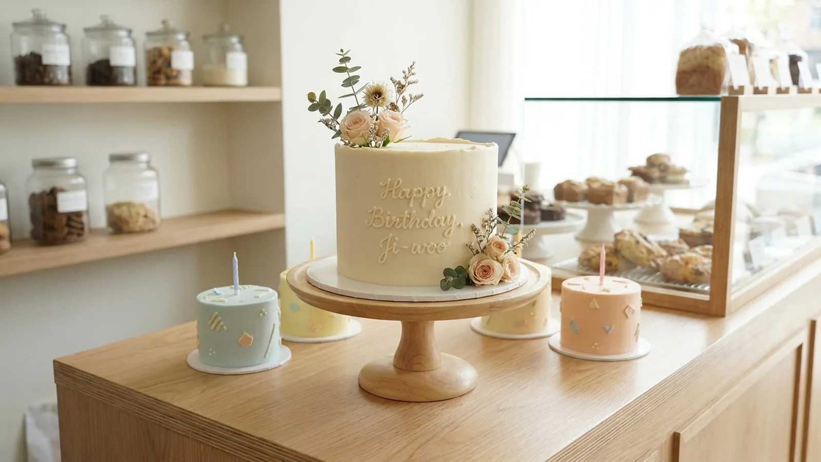 A beautifully decorated customised birthday cake in Singapore surrounded by smaller themed cakes