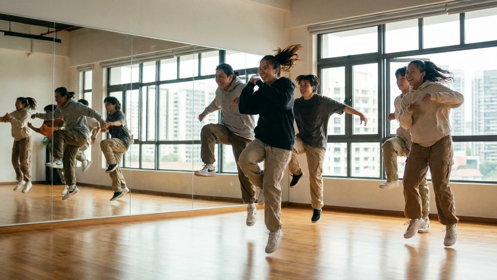 A diverse group of young adult dancers mid-pose during a hip-hop class in a bright Singapore dance studio with mirrored walls