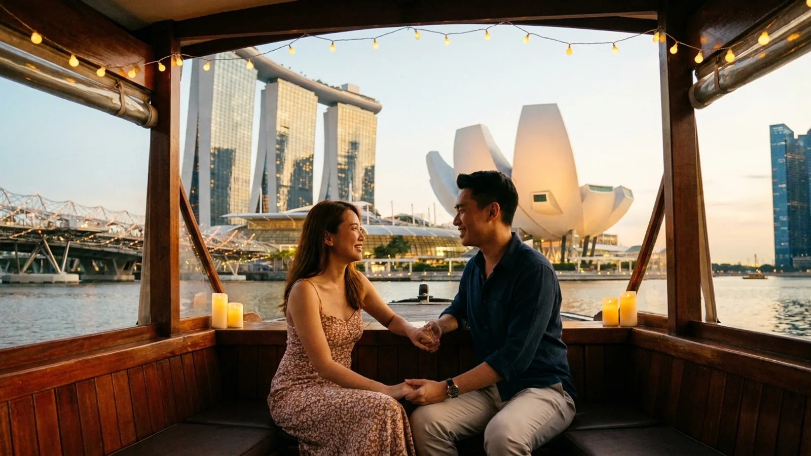 A couple enjoying a romantic date night in Singapore with the Marina Bay city lights glowing in the background