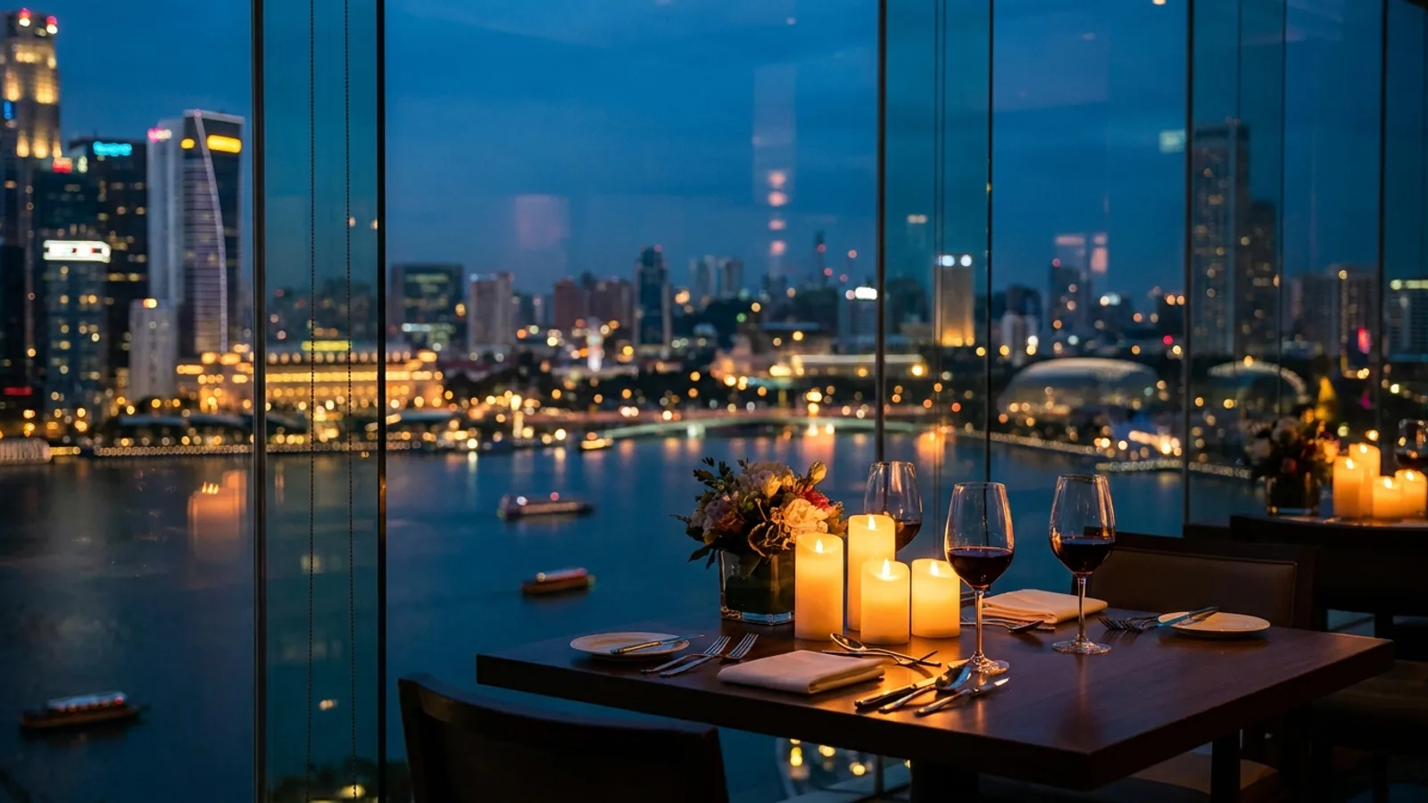 A candlelit table for two by a window overlooking the Singapore skyline at dusk, set for a romantic date night dinner