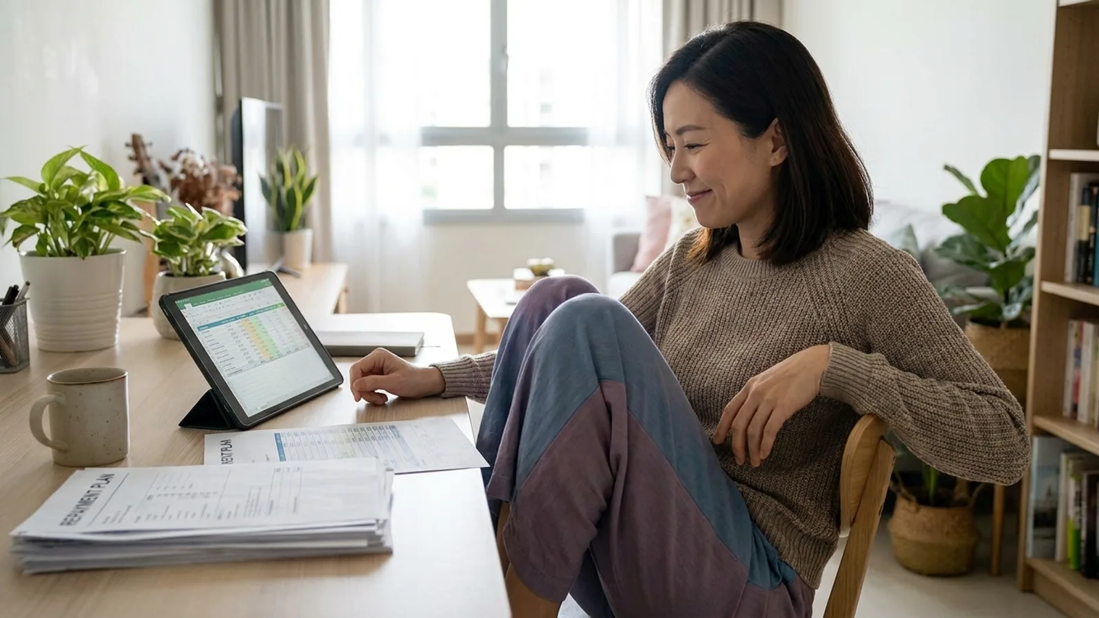 A person reviewing bills and a repayment plan calmly at a desk in a Singapore home, planning debt consolidation
