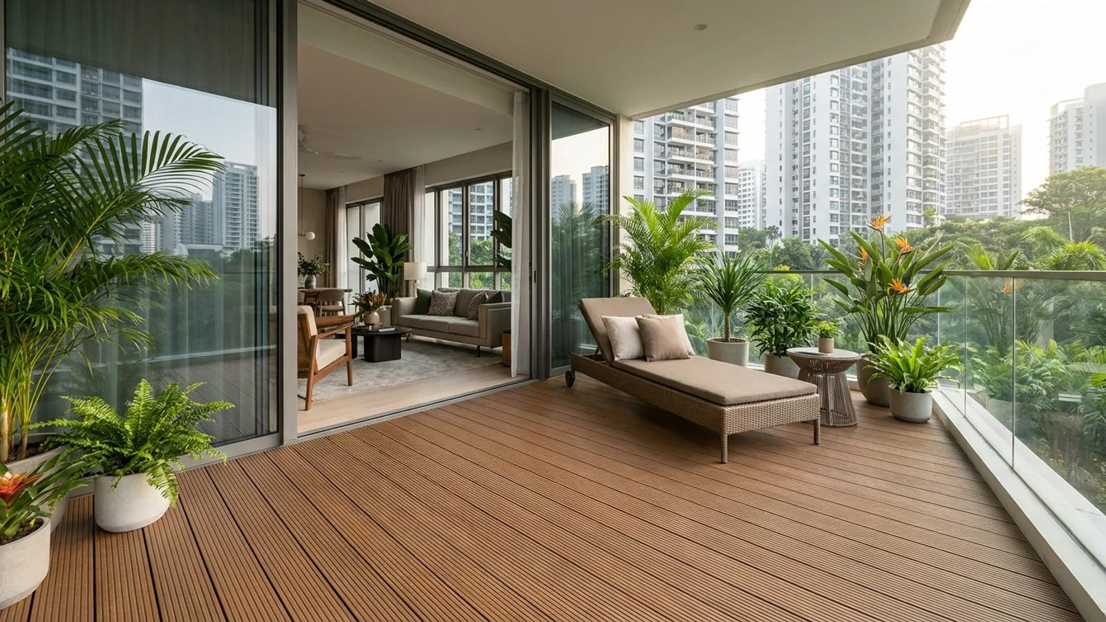 A newly laid composite timber deck on a bright condo balcony overlooking greenery in Singapore