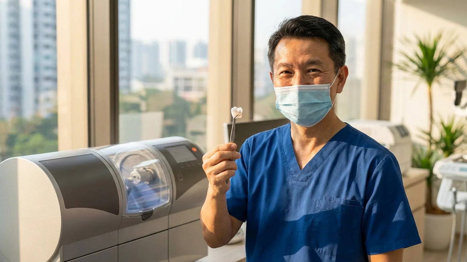 Dentist holding a zirconia dental crown next to a digital tooth scan at a Singapore dental clinic