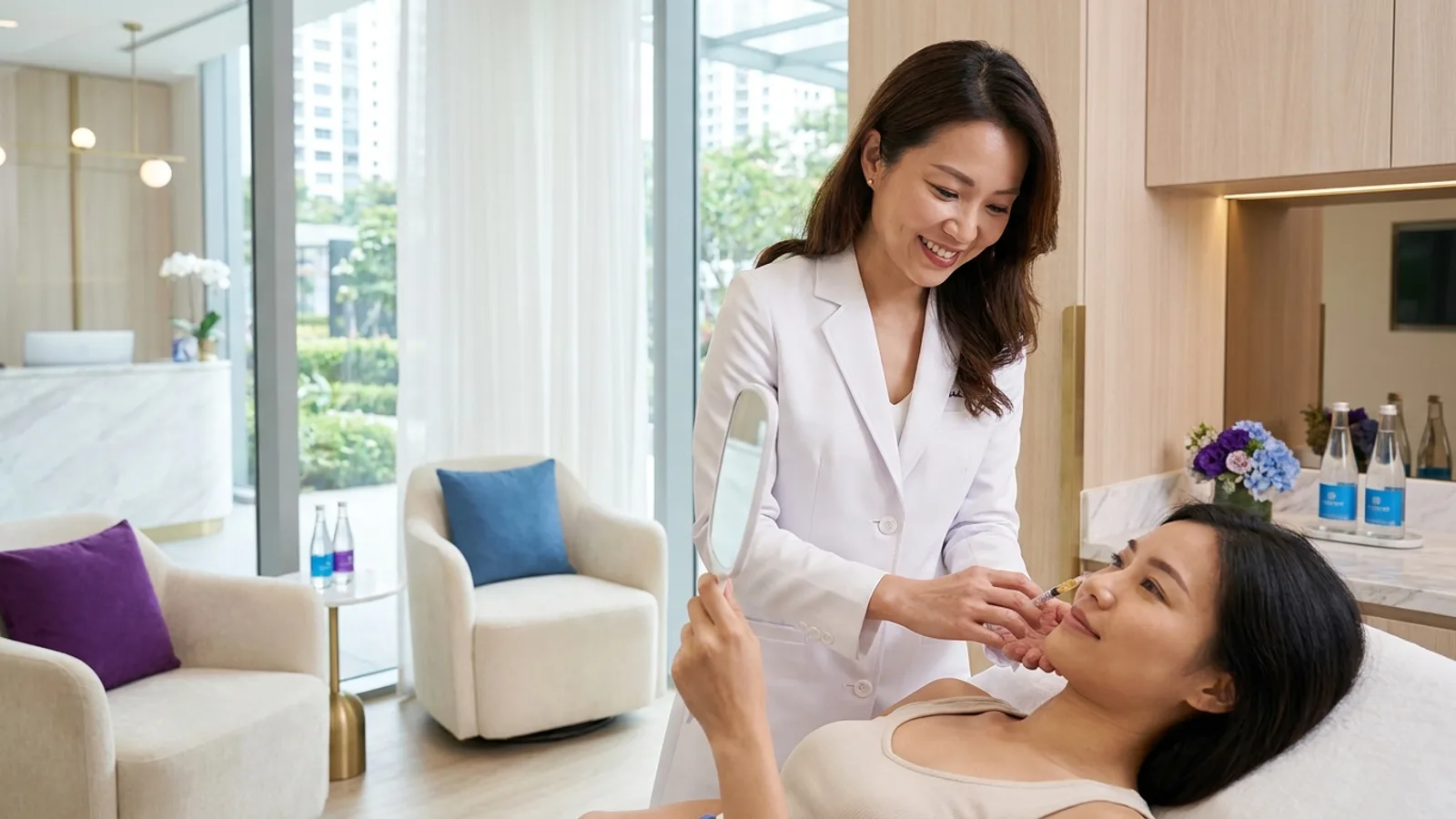 A doctor consulting a patient about dermal filler treatment in a modern aesthetic clinic in Singapore