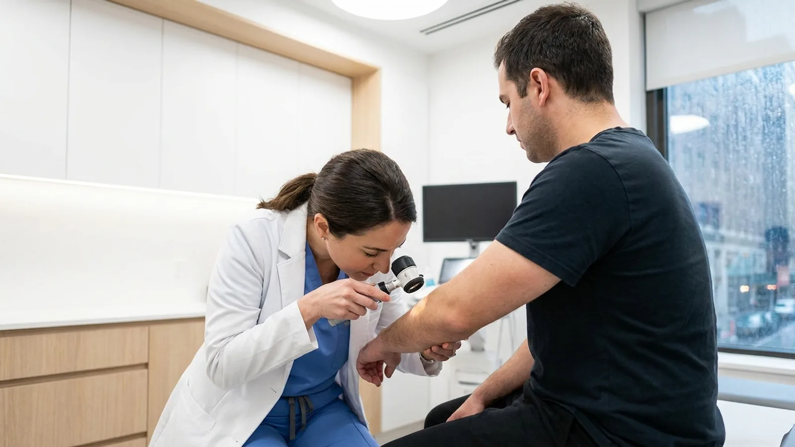 A dermatologist examining a patient's skin with a dermatoscope in a clean modern clinic in Singapore, professional clinical setting