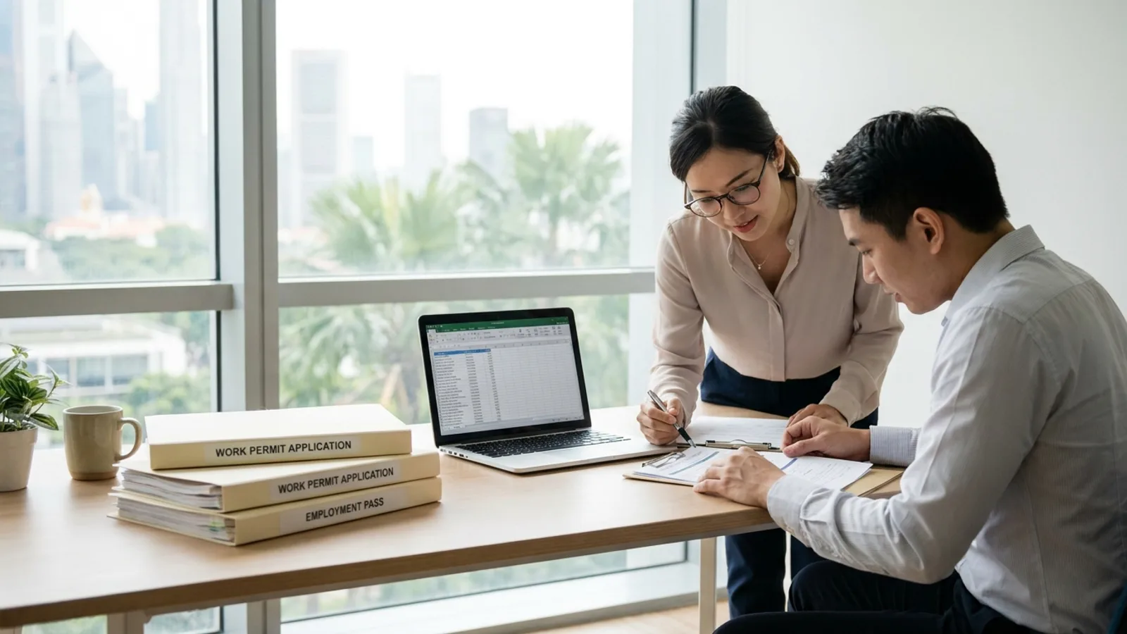 A consultant helping an employer file Work Permit paperwork at a clean Singapore agency desk, representing the best direct hire maid agencies in Singapore