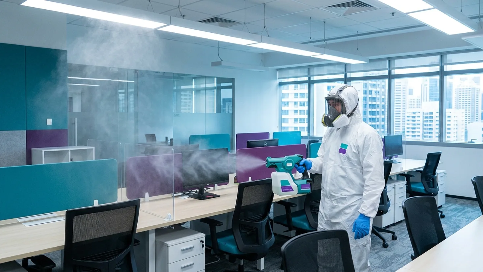 A technician in protective gear fogging an office in Singapore with disinfectant mist