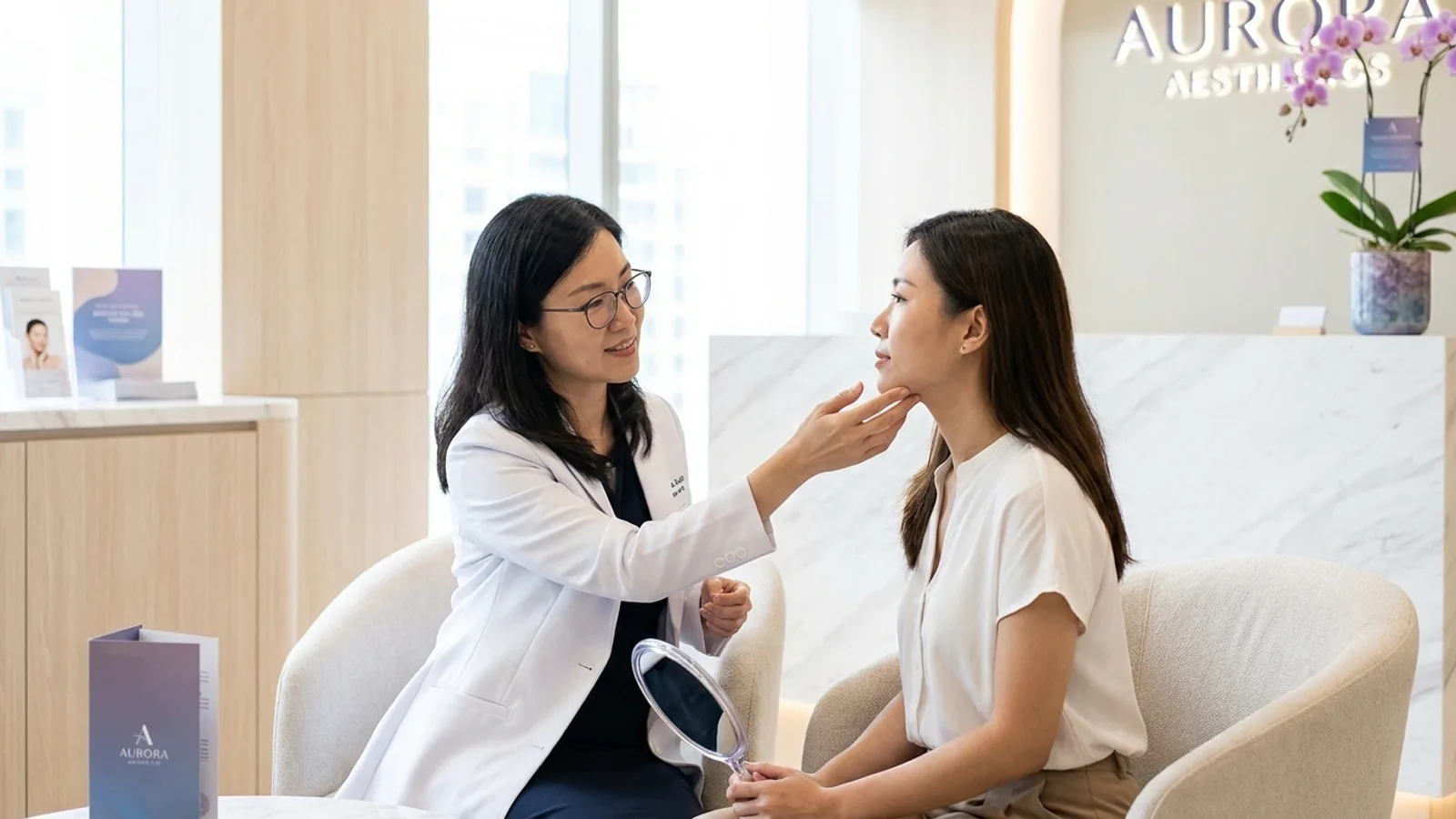A doctor assessing a patient chin and jawline for double chin reduction in a Singapore clinic