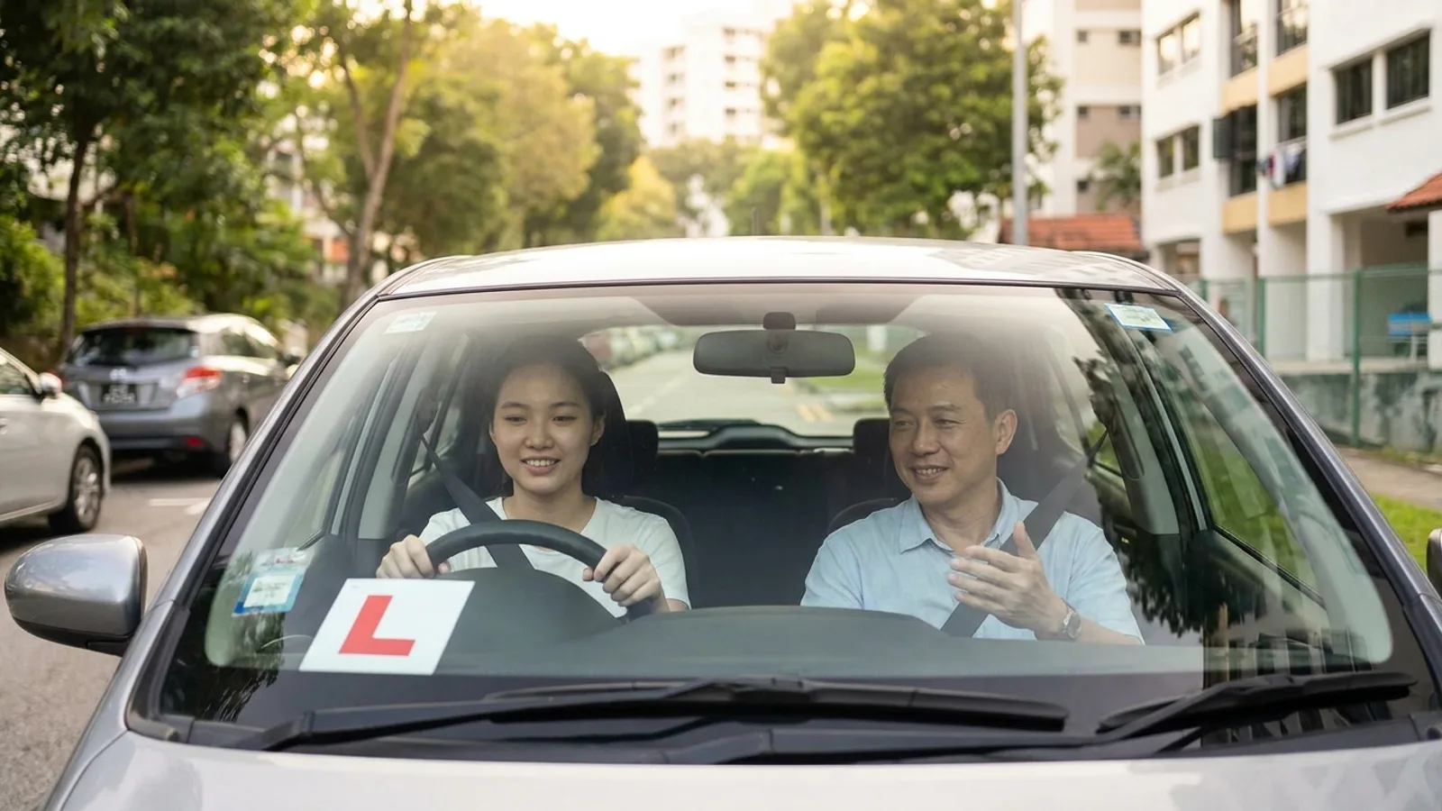 A learner driver and a calm driving instructor in a car during a lesson in Singapore, L-plate visible, bright daytime on a quiet road
