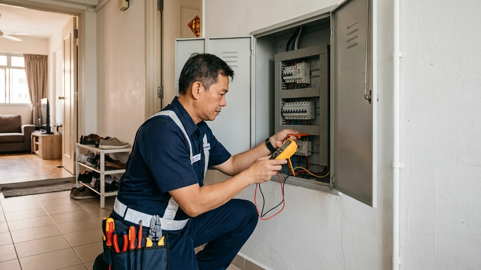 A licensed electrician working on the distribution board (DB box) inside the entrance of an HDB flat in Singapore