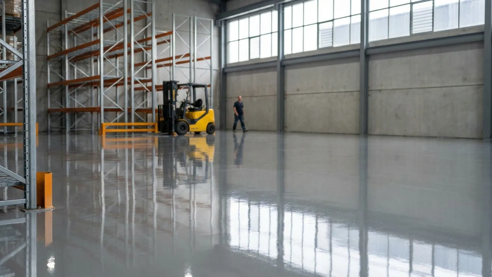 A freshly poured seamless epoxy floor coating with a glossy finish inside a bright Singapore warehouse