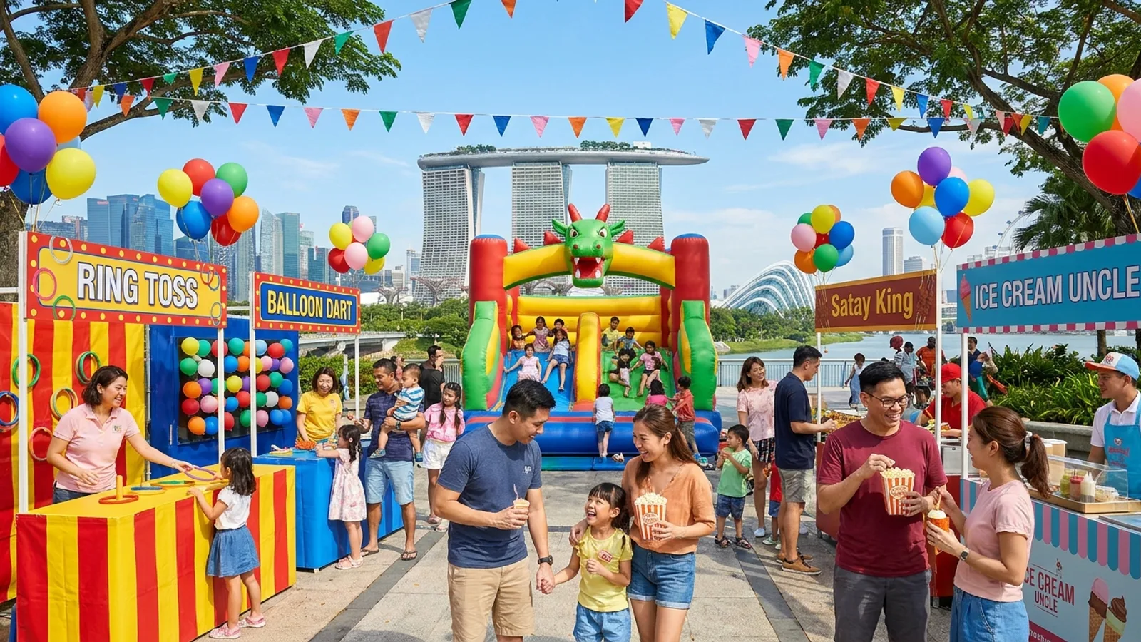 A corporate family day carnival outdoors in Singapore with colourful game booths, a bouncy castle, food stations and families