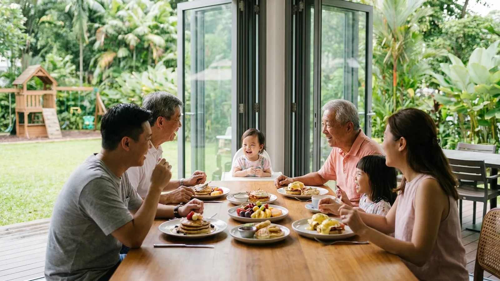 Happy family with young children enjoying a relaxed weekend meal at a bright family-friendly restaurant in Singapore