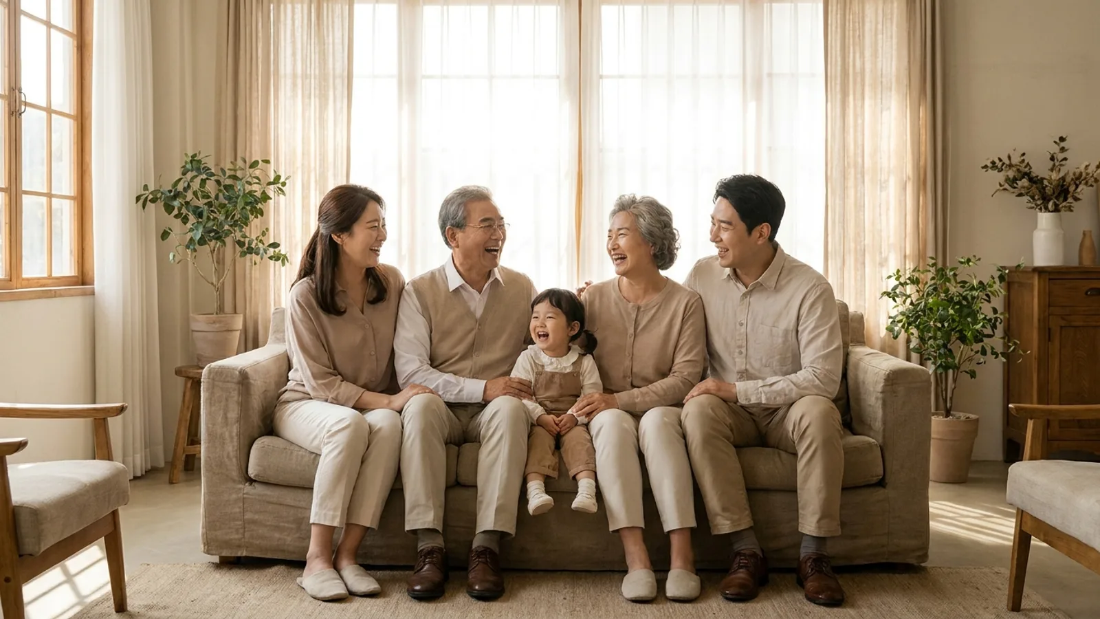 A multi-generational family posing together for a warm, natural family portrait in a bright Singapore studio