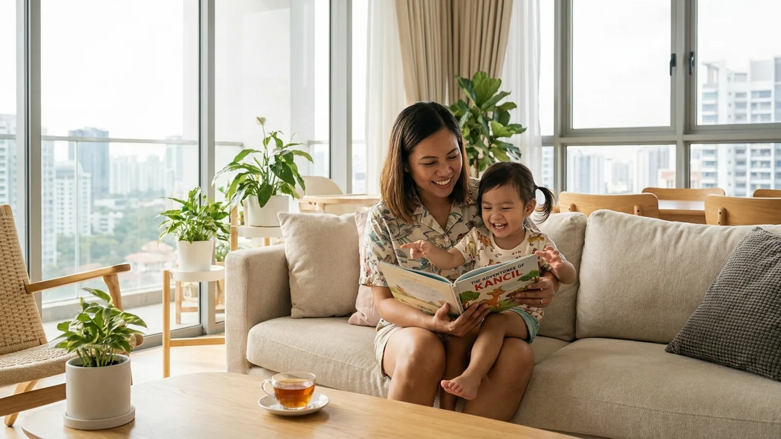 A cheerful Filipino domestic helper reading with a young child in a bright Singapore home, representing the best Filipino maid agencies in Singapore