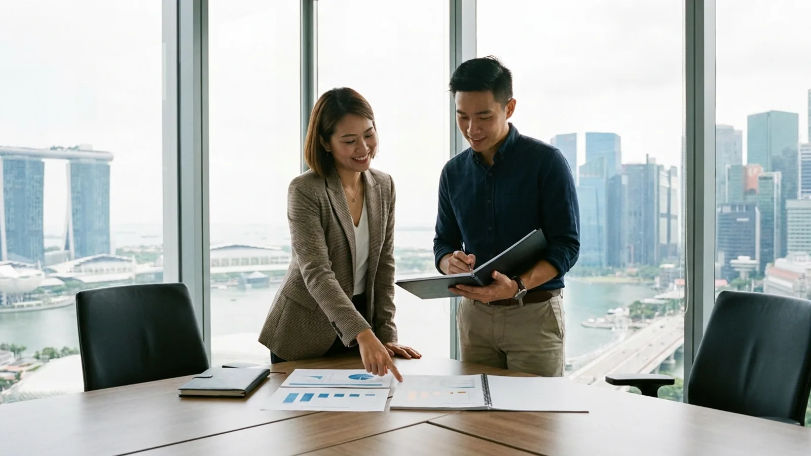 A financial adviser reviewing a financial plan with a client at a desk in a Singapore office
