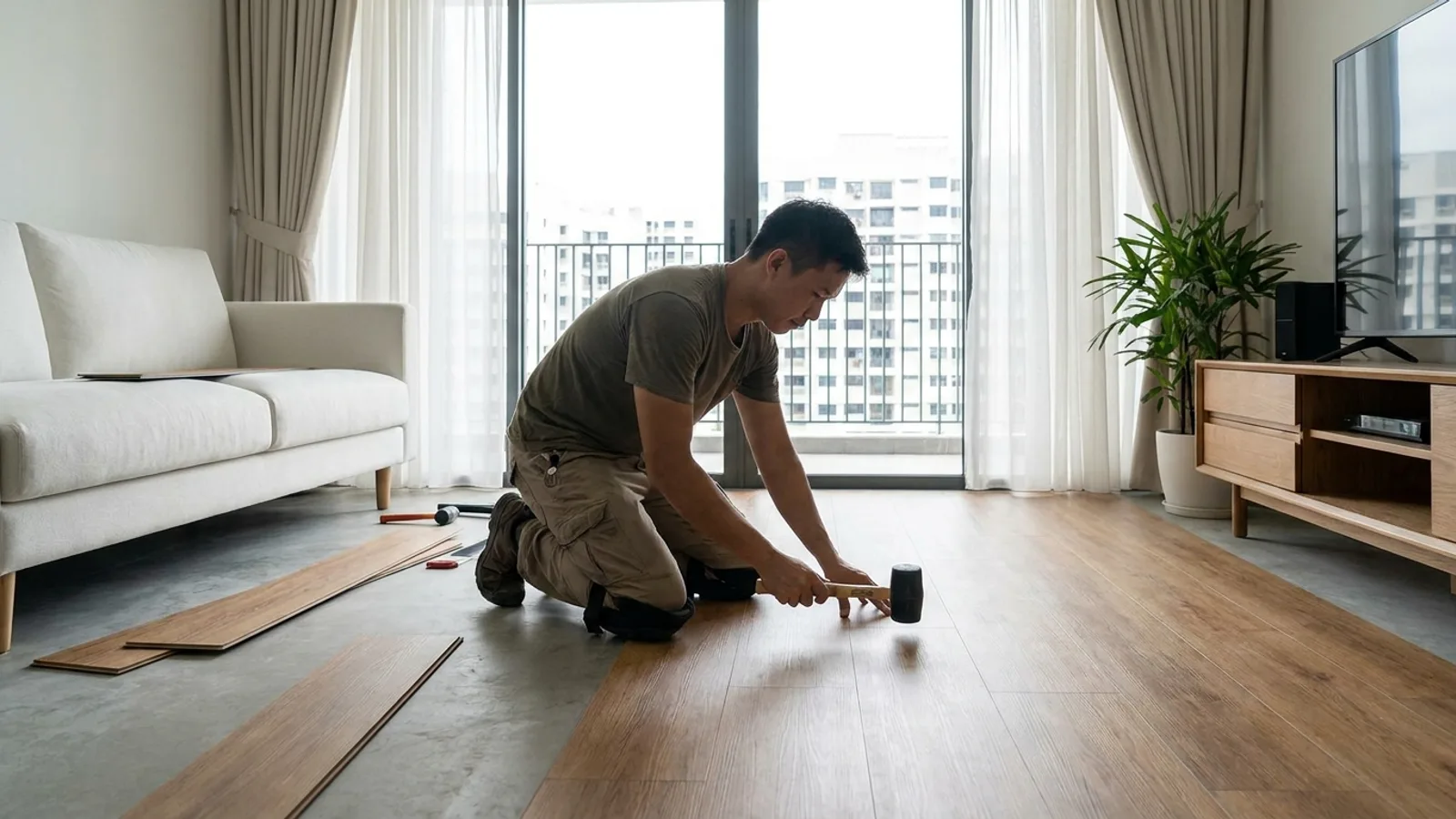 A flooring installer laying luxury vinyl planks across a bright HDB living room in Singapore