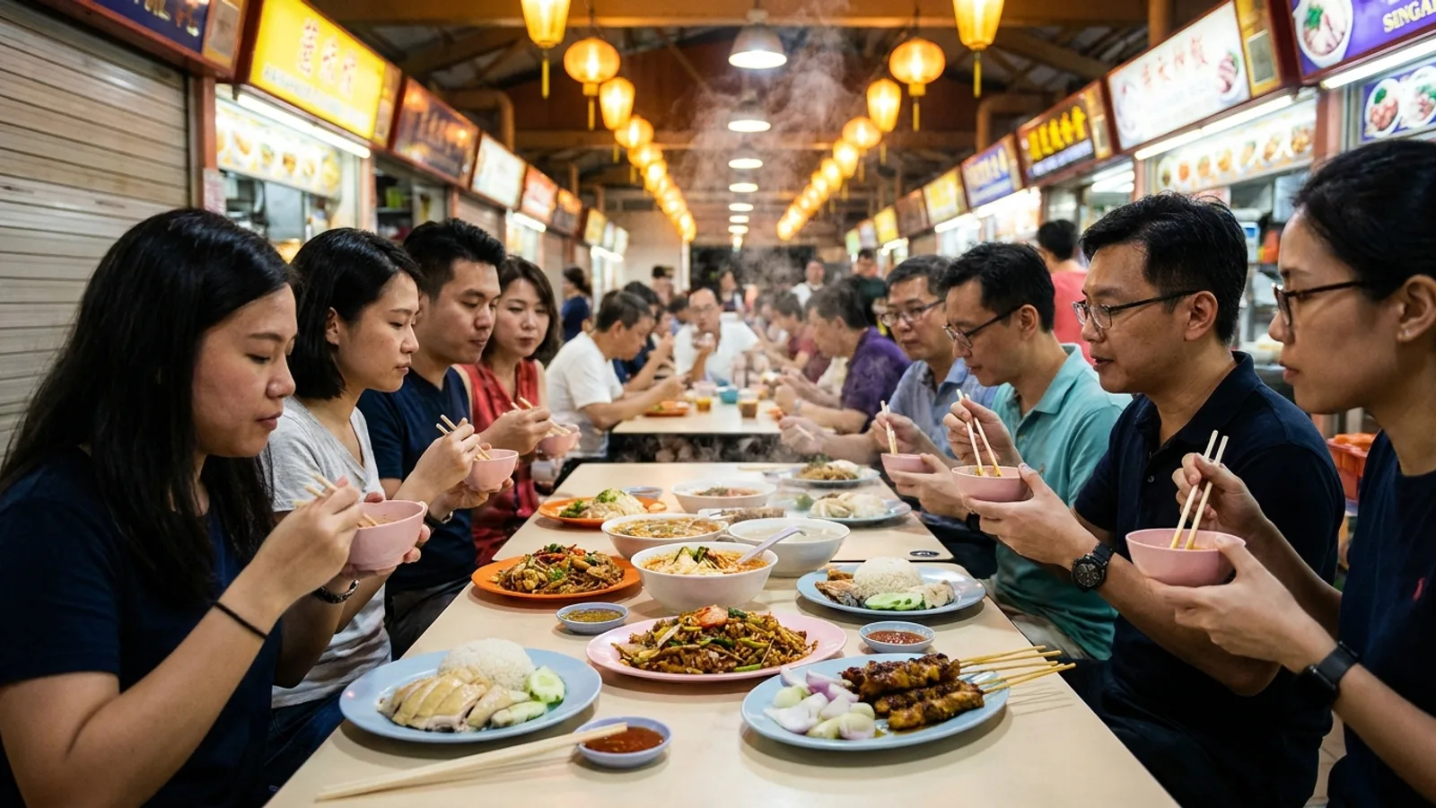A food tour group sampling dishes at a bustling hawker centre in Singapore, plates of local food on the table
