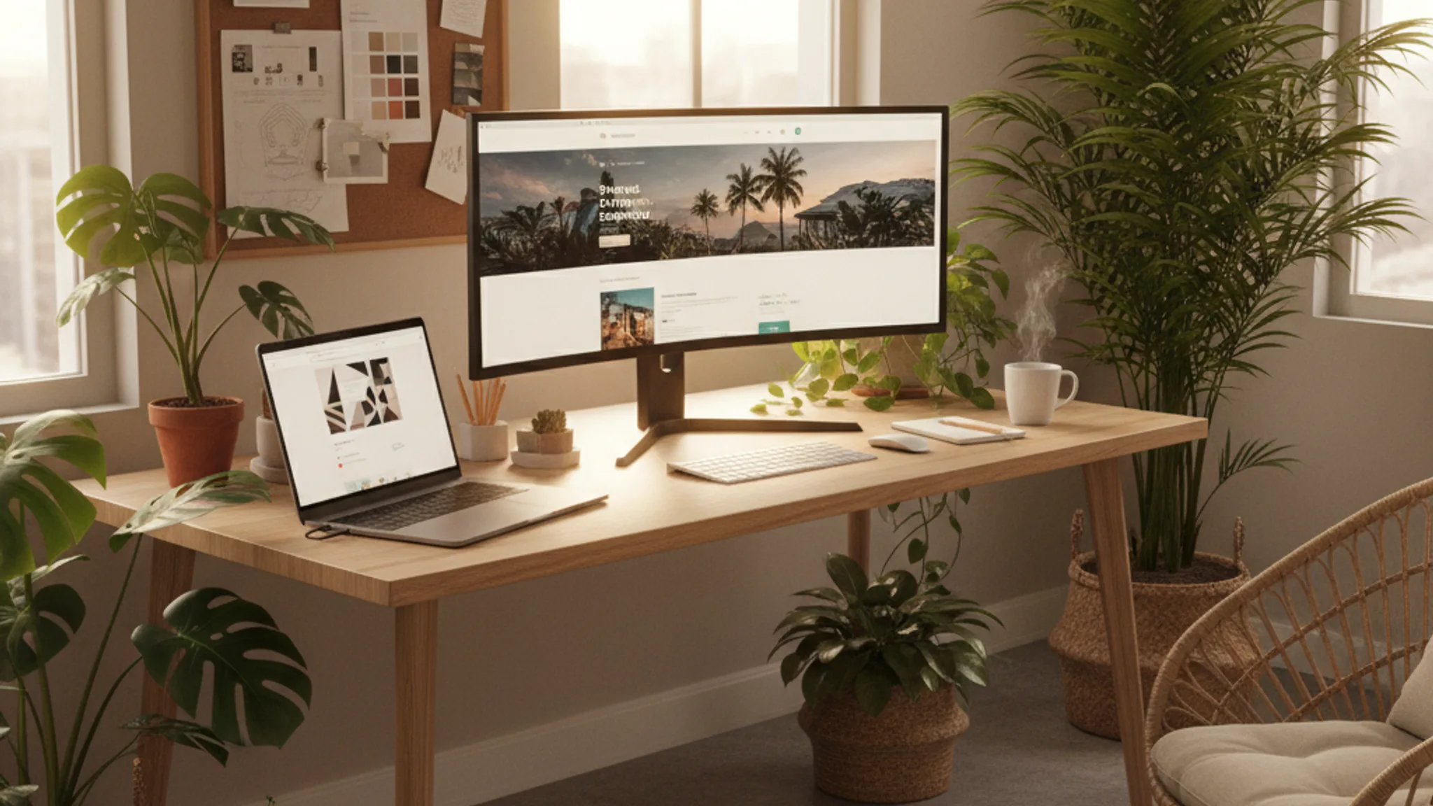 Freelance web designer in Singapore working on modern website designs at a creative home office desk
