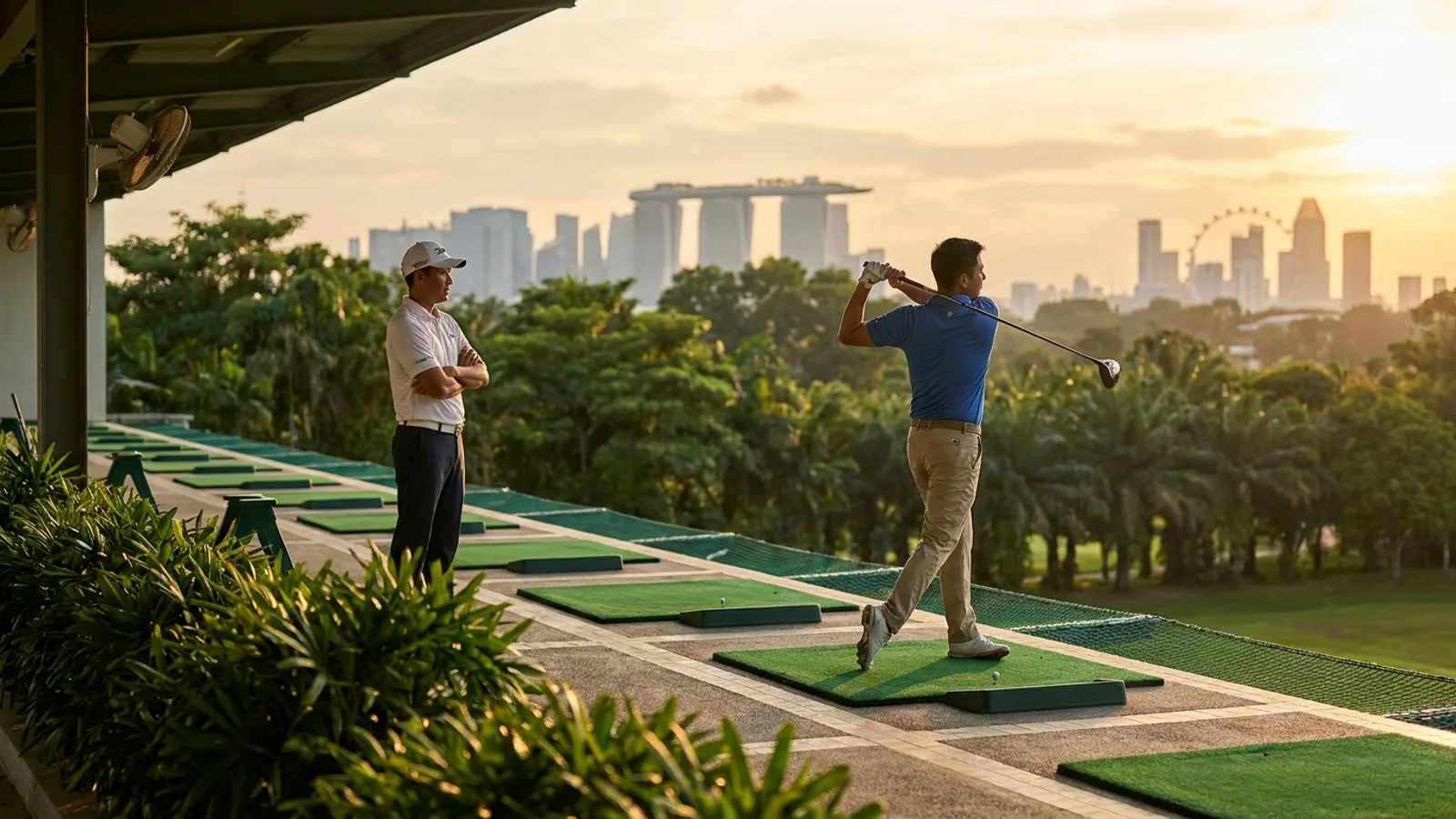 A golfer taking a lesson at a Singapore driving range at golden hour, coach watching the swing with the city skyline behind