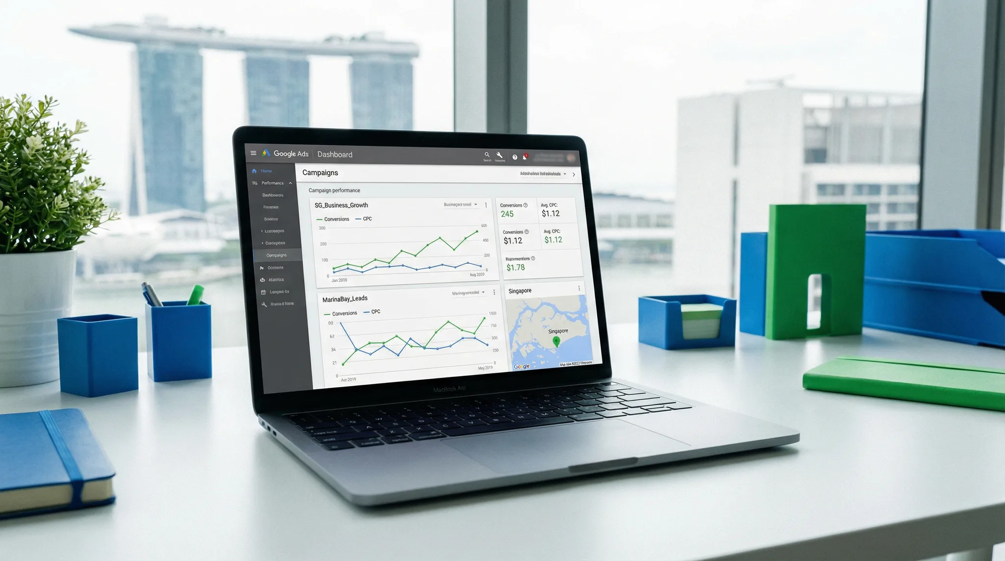 Marketing professional reviewing Google Ads campaign performance dashboards in a modern Singapore office