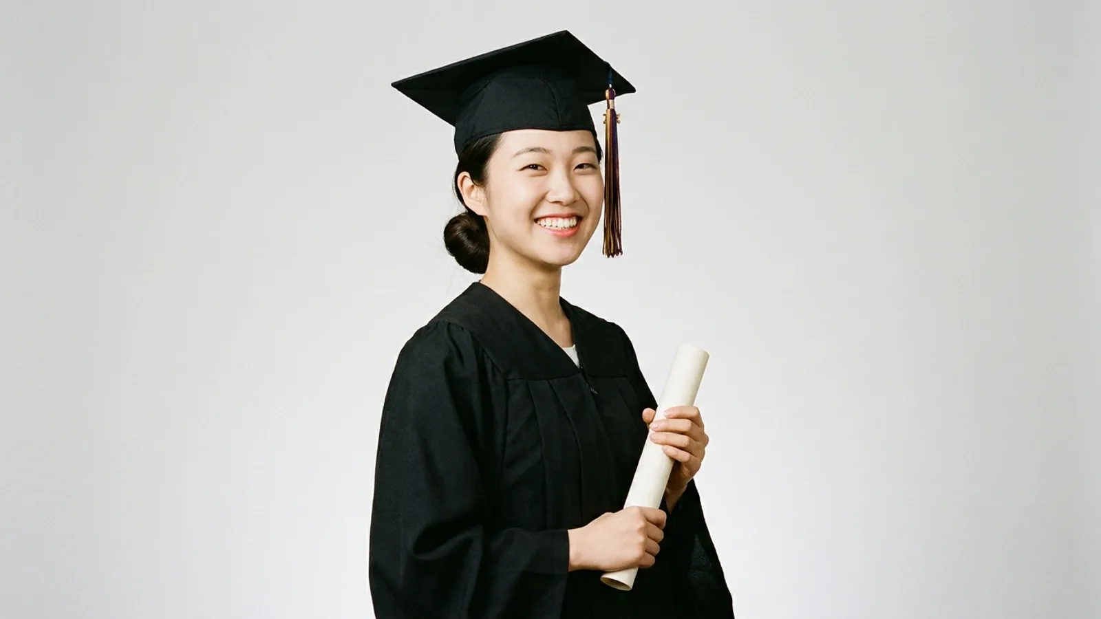 A graduate in a gown and mortarboard posing proudly for a convocation photoshoot in a Singapore studio