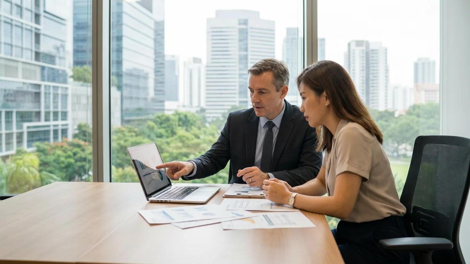A grant consultant advising an SME owner on a government grant application in a Singapore office