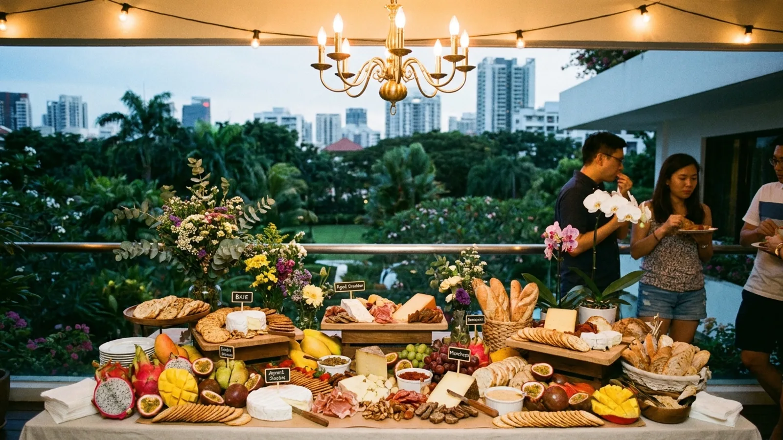 An abundant grazing table in Singapore laden with cheeses, charcuterie, fruit and dips styled for a party