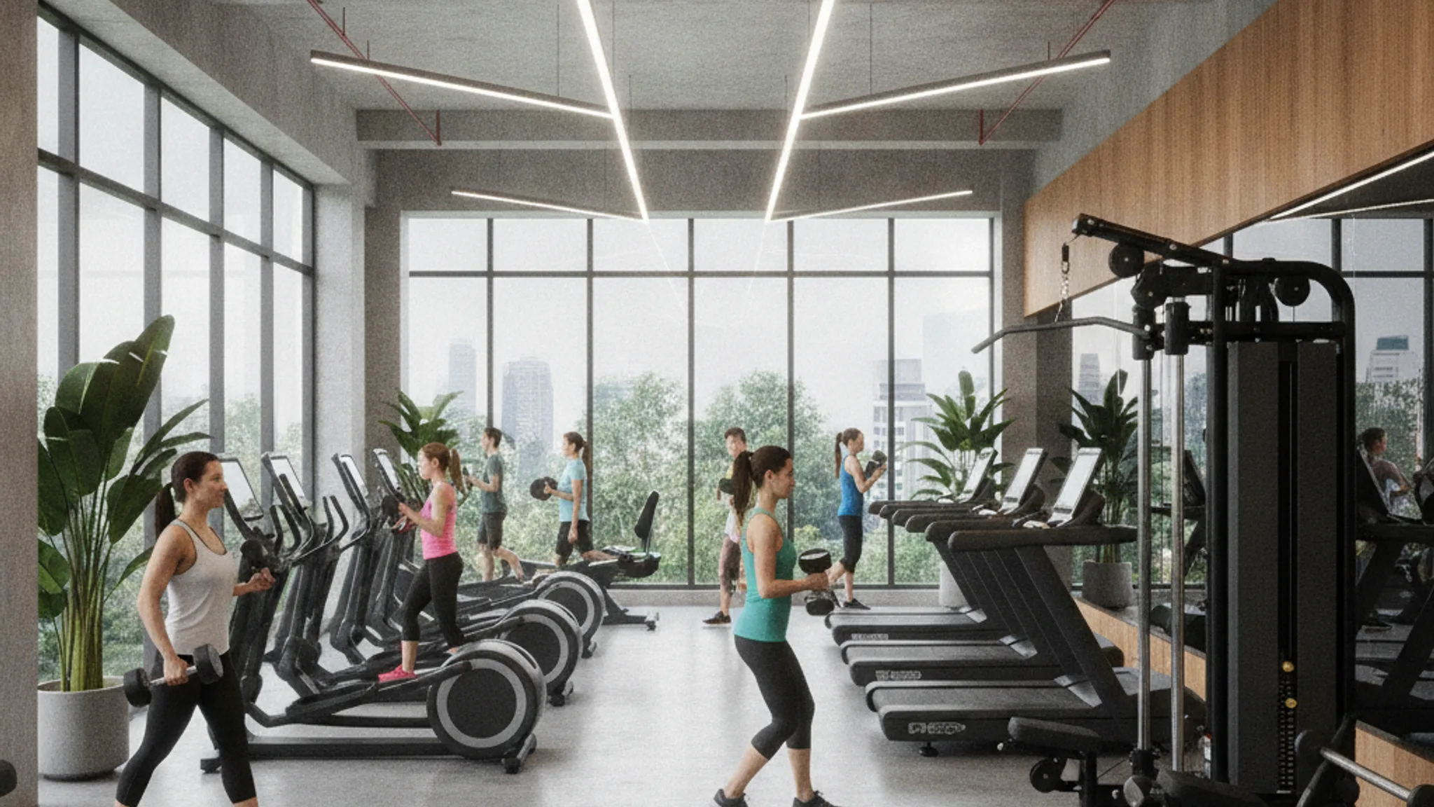 Modern Singapore gym with diverse people training on treadmills and weights beside floor-to-ceiling windows overlooking the city